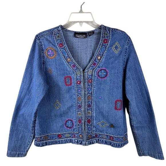 Boho Core Embroidered Denim Jacket Medium Indie Y2K Hippie Style - Picture 1 of 9